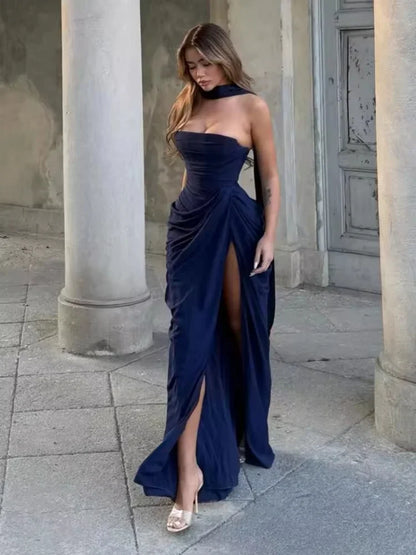 Sexy Strapless Folds Ruched High Split Long Dress Women Sleeveless Backless Lace-up Slim Dresses Celebrity Evening Party Gowns