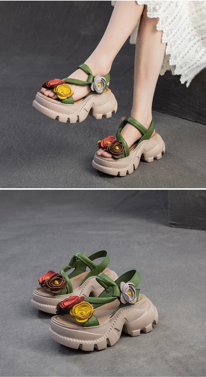 Koznoy 7cm Cow Genuine Leather Platform Wedge Women Summer Flower Slippers Pumps Hook Hollow Mary Jane Sandals Shoes Flats - Kimlud