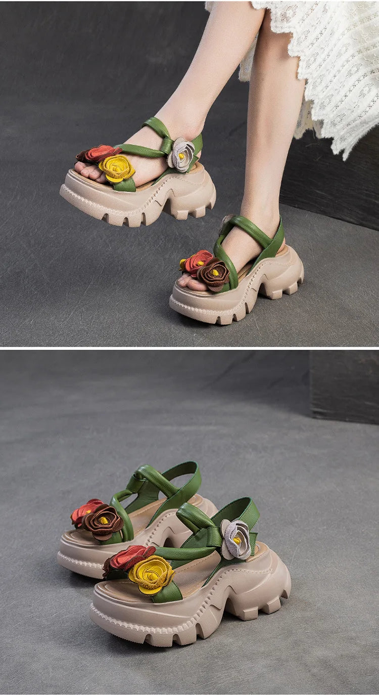 Koznoy 7cm Cow Genuine Leather Platform Wedge Women Summer Flower Slippers Pumps Hook Hollow Mary Jane Sandals Shoes Flats - Kimlud