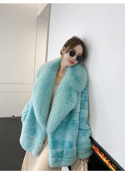 Winter Women Real Rex Rabbit Fur Coat 100% Natural Fur Jacket with Large Silver Fox Fur Collar Luxury Streetwear