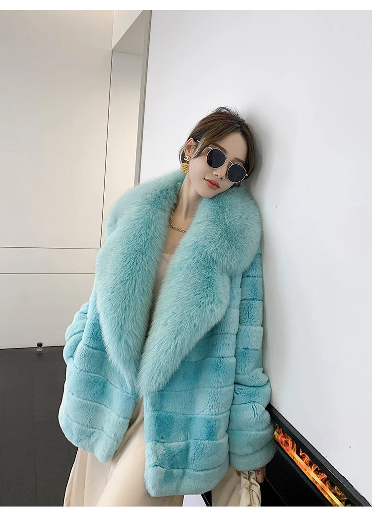 Fashion Women Real Rex Rabbit Fur Coats Long Natural Full Pelt Chinchilla Color Rabbit Fur Jackets With Real Fox Fur Collar Over