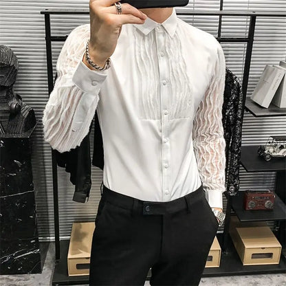 Spring Autumn Y2K Fashion Harajuku Shirt Men All Match Loose Casual Tops Patchwork Blusa Long Sleeve Button Lace Male Clothes - Kimlud