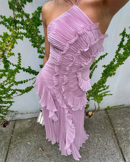Mozision Elegant Off-shoulder Ruffle Sexy Maxi Dress Women Fashion Halter Sleeveless Backless Draped Pleated Club Party Dress