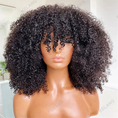 Afro kinky Curly Hair Wig Ombre blonde Brown 100% Human Hair wig Highlights Honey blonde 250% Density Glueless Wig With Bangs