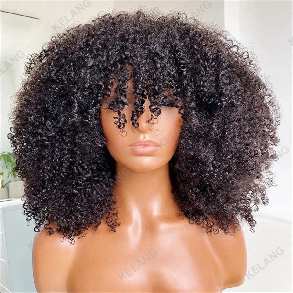 Afro kinky Curly Hair Wig Ombre blonde Brown 100% Human Hair wig Highlights Honey blonde 250% Density Glueless Wig With Bangs