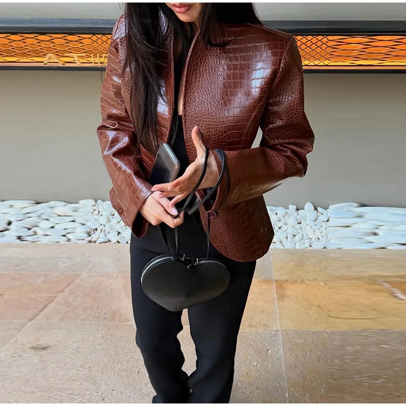 Fashion Crocodile Embossed Faux Leather Women's Jacket Stand Collar Short Slim Long Sleeve Coat Chic 2026 Autumn New...