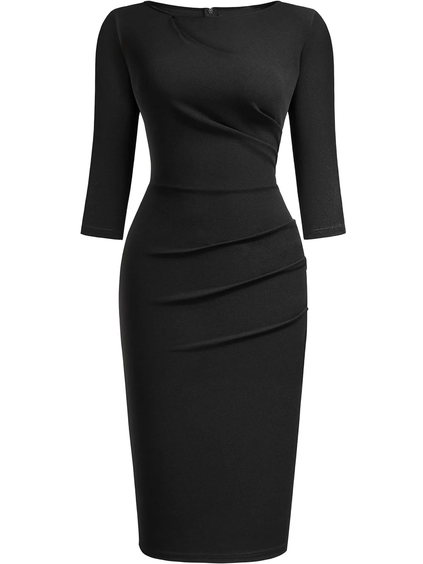 Womens Elegant Crew Neck 2/3 Sleeve Work Office Knee Length Solid Business Casual Party Ruched Pencil Bodycon Sheath...
