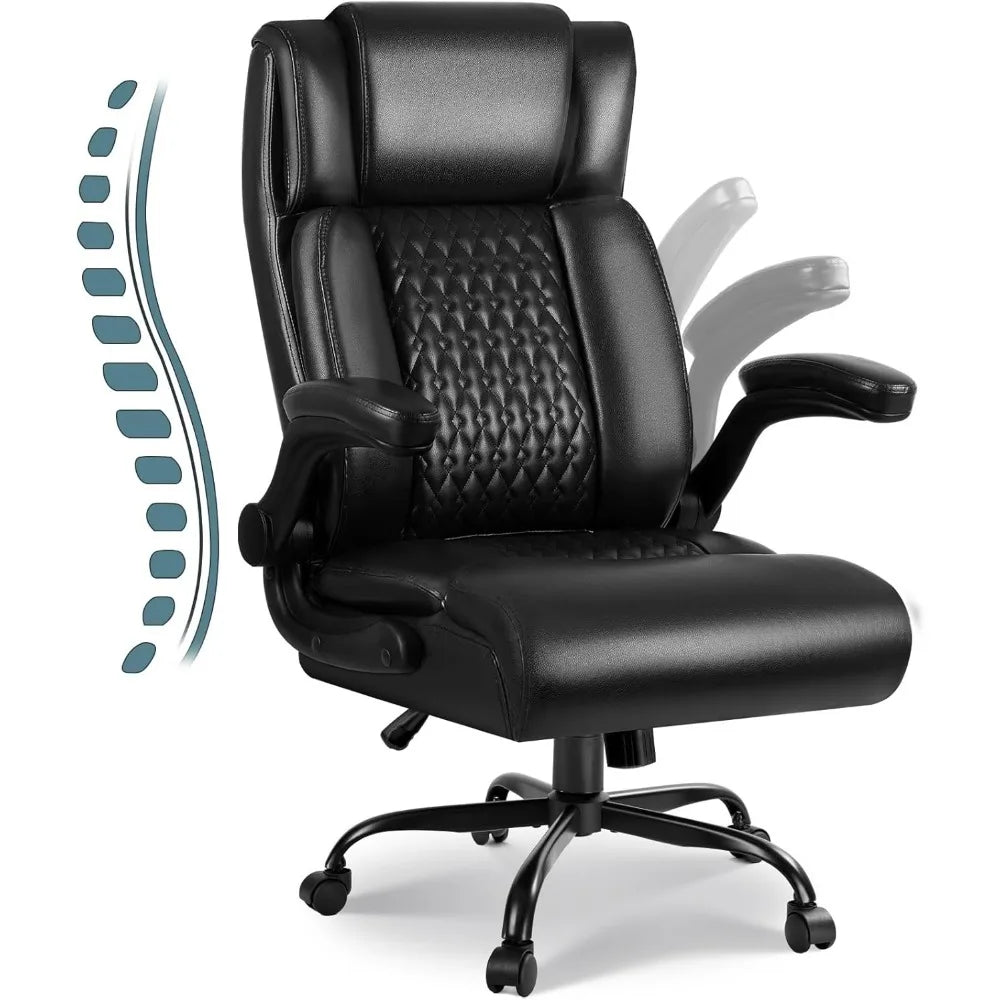 High Back Executive Office Chair for Adult, Big and Tall Leather Home Desk Chairs with Padded Flip-up Arms, Swivel Rolli