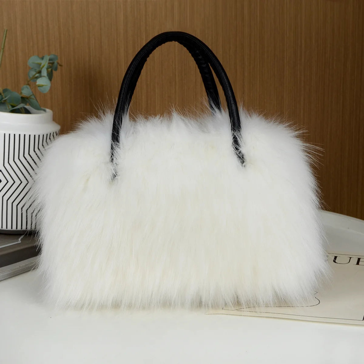 Autumn Winter Faux Fur Tote Bag For Women Rectangular Large Capacity Plush Handbags American Fashion High Street Crossbody Bags
