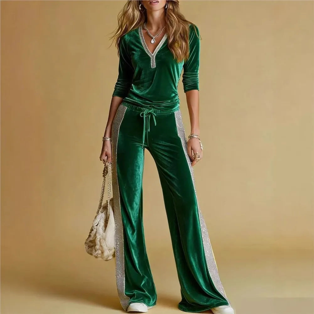 Spring Autumn Women's Fashion Velvet Pants 2-Piece Set Spliced V Neck Long Sleeve Elastic Waist Tie Casual Sports Pants Suit - Kimlud