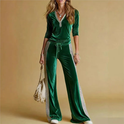 Spring Autumn Women's Fashion Velvet Pants 2-Piece Set Spliced V Neck Long Sleeve Elastic Waist Tie Casual Sports Pants Suit - Kimlud