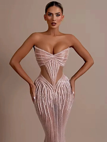 Ofherown Silver Sequin Cutout Evening Dress Strapless Beaded Mesh Mermaid Floor Length Formal Prom Gown Red Carpet Custom Made