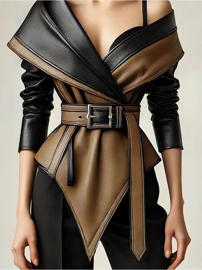 PU Faux Leather Jacket for Women's One Shoulder Splice Irregular Hem Long Sleeve Leather Coat Casual Vintage Y2K Outerwear