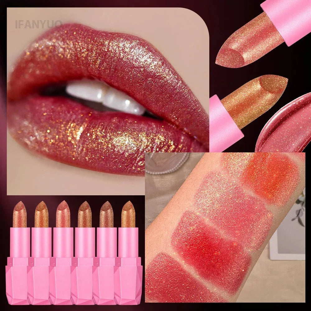 Gold Sparkling Brown Metallic Glitter Lipstick Long-Lasting Waterproof Non-Fade Shimmer Glitter Pearl Sexy Nude Lip...