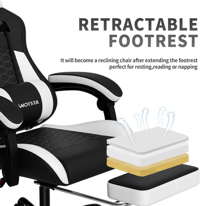 WOTSTA Gaming Chair with Footrest, Lumbar Support, Adjustable Height, Swivel Seat, Headrest ,For Office or Gaming