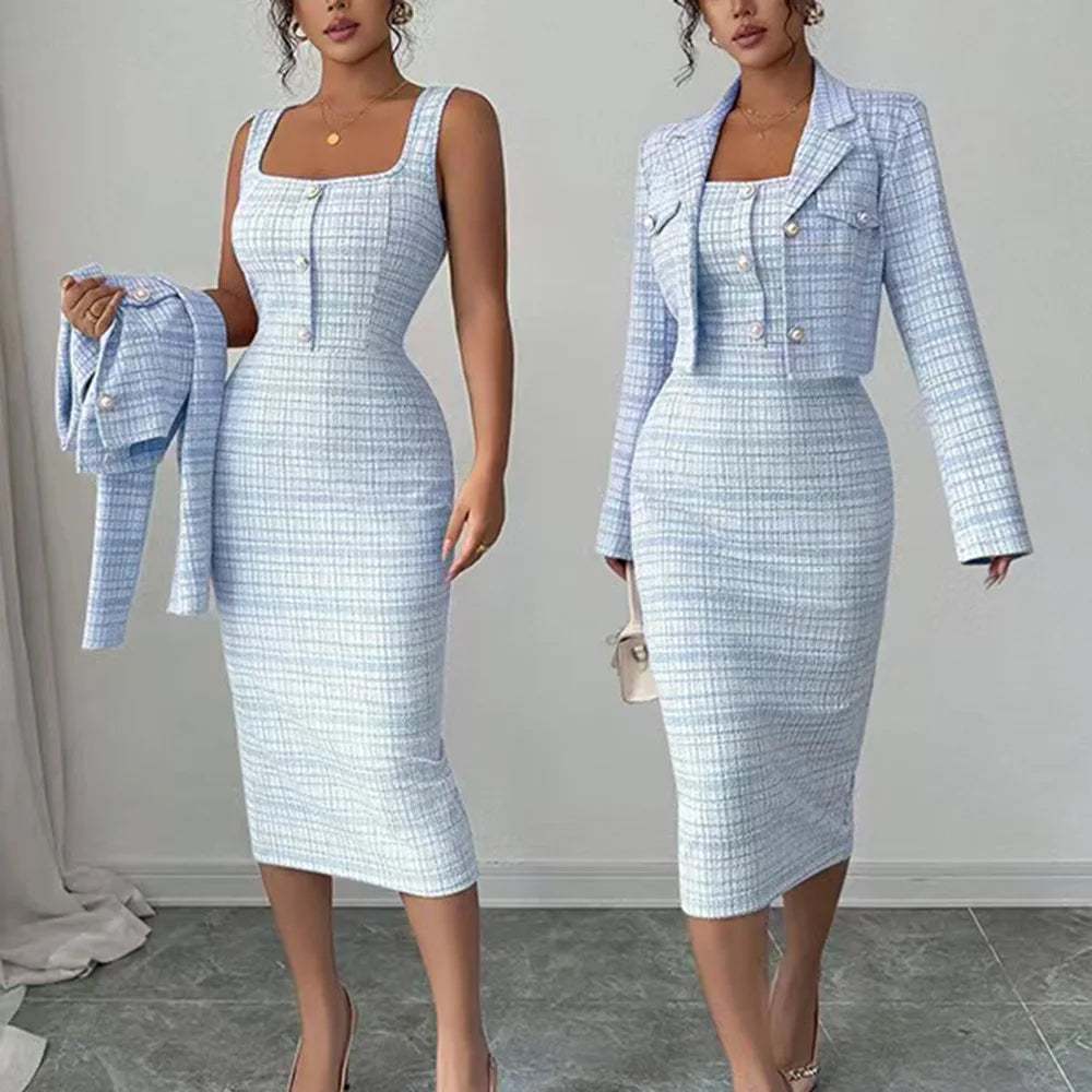 2026 European and American Two-Piece Dress Set with Reversible Collar, Long Sleeves, Short Length, Check Pattern Jacket, and Pet