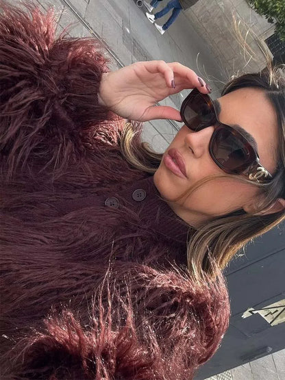 Faux Fur Knitted Short Coats Autumn And Winter Women Fashion O-Neck Jackets  2025 Elegant Office Ladies Casual Outerwear ﻿