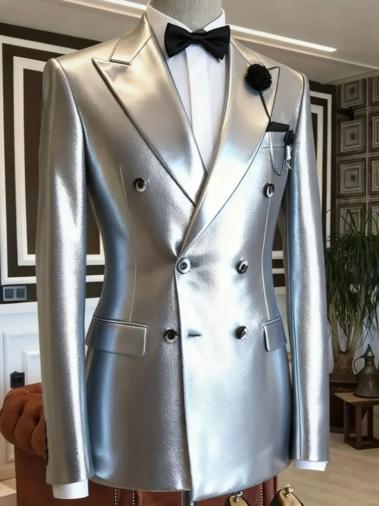 Men's Business Casual Blazer Double Breasted Silver Metallic Peak Lapel Slim Fit Formal Tuxedo Wedding Party Stage...