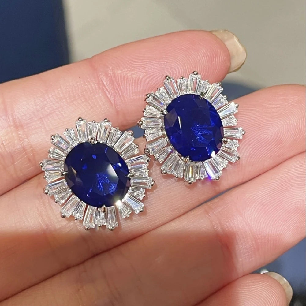 Wong Rain Luxury 925 Sterling Silver Oval Cut Sapphire High Carbon Diamond Gemstone Women Earrings Ear Studs Fine...