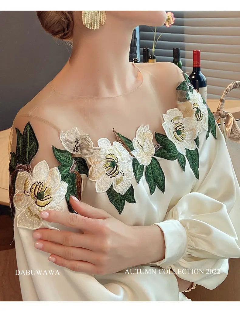 Vintage Embroidered Shirt Elegant Mesh Patchwork Satin Blouse O-neck Tops Spring Autumn Long Lantern Sleeve Women Clothes 24976