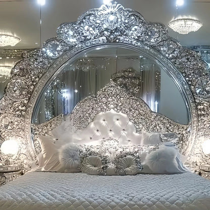 European crystal bed Italian art furniture French luxury solid wood inlaid diamond shining master bedroom silver princess bed