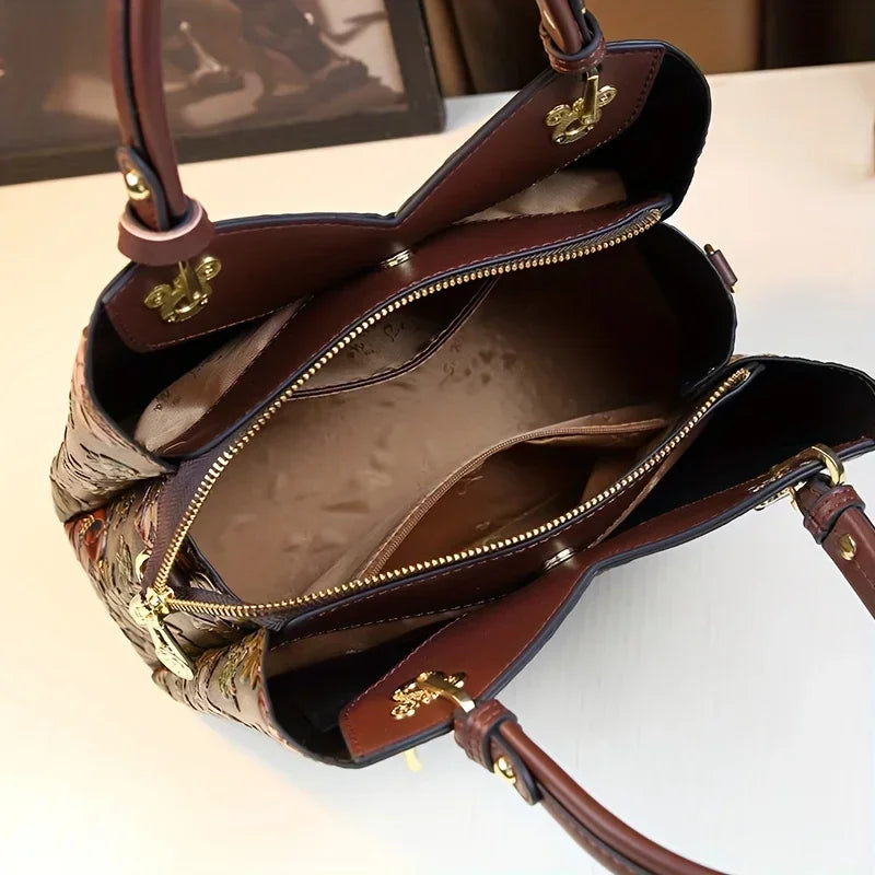 Light Luxury PU Leather Tote Bag Large Capacity Crossbody Women Bag Fashion Vintage Flower Pattern Purse and Handbag - Kimlud