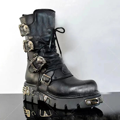 Men's Fashion Genuine Leather Motorcycle Boots Goth Skull Punk New Unisex Mid-calf Cowboy Boots Metallic Combat Boots
