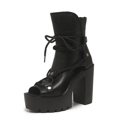 Women's Platform High Heel Ankle Boots Open Toe Lace Up Sandals Textured Finish Chunky Block Heel Zipper Closure Fashion...