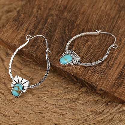 Boho-Chic Hoop Earrings - Silvery Plated, Synthetic Gemstone Inlay, Zinc Alloy - Perfect for Casual Attire & Gifting |...