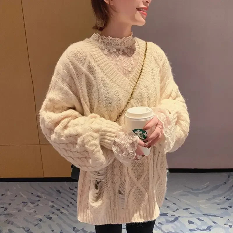 M-3XL Lace Blouses Women Sweet Flare Sleeve Elegant Inside Basic Ladies Designer Aesthetic Classical Temper Chic Korean Fashion