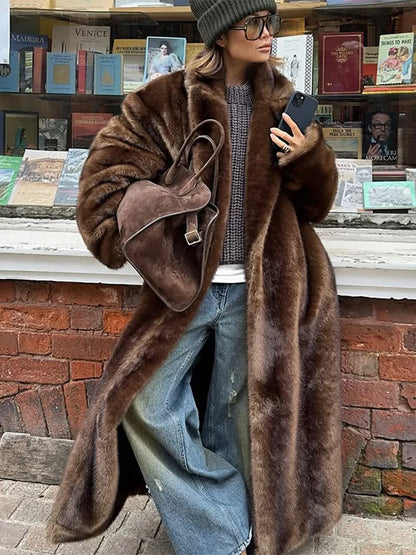 Fashion Brown Faux Fur Overcoat Women Luxury Lapel Long Sleeve Fluffy Coat 2025 Winter Female Thicken Warm High Street Outwear