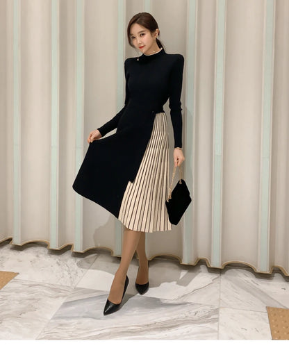 H Han Queen New Winter Elastic Knitted Dresses Women Color matching Lace-up Sweater Dress Fashion Slim Work Office Vestidos - Kimlud