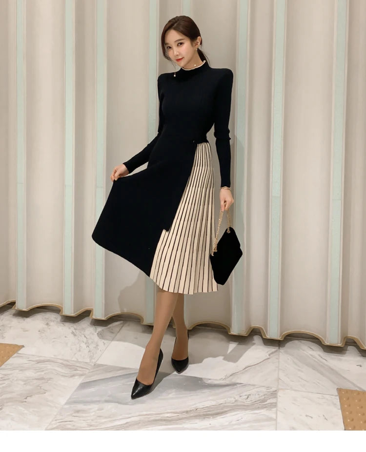 H Han Queen New Winter Elastic Knitted Dresses Women Color matching Lace-up Sweater Dress Fashion Slim Work Office Vestidos - Kimlud