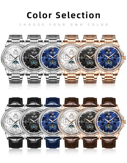 OLEVS 6695 NEW Men's Watches Full Multifunctional Dial Blue Leather Strap Calendar Week Moon Phase Waterproof Wristwatch...