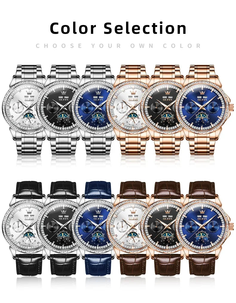 OLEVS 6695 NEW Men's Watches Full Multifunctional Dial Blue Leather Strap Calendar Week Moon Phase Waterproof Wristwatch...