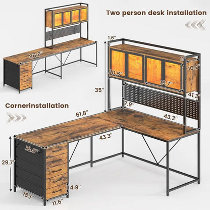 L Shaped Gaming Desk with Drawers and Storage Shelves for Home Office Corner Computer Desk with Hutch Pegboard Panel Built-in L