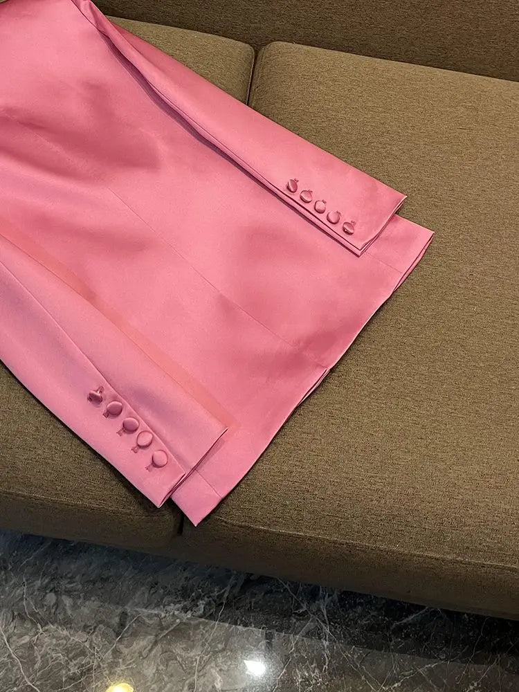 Pink Satin Slim Fit Blazer Hip-covering Skirt Fashionable Commuting Two-piece Set