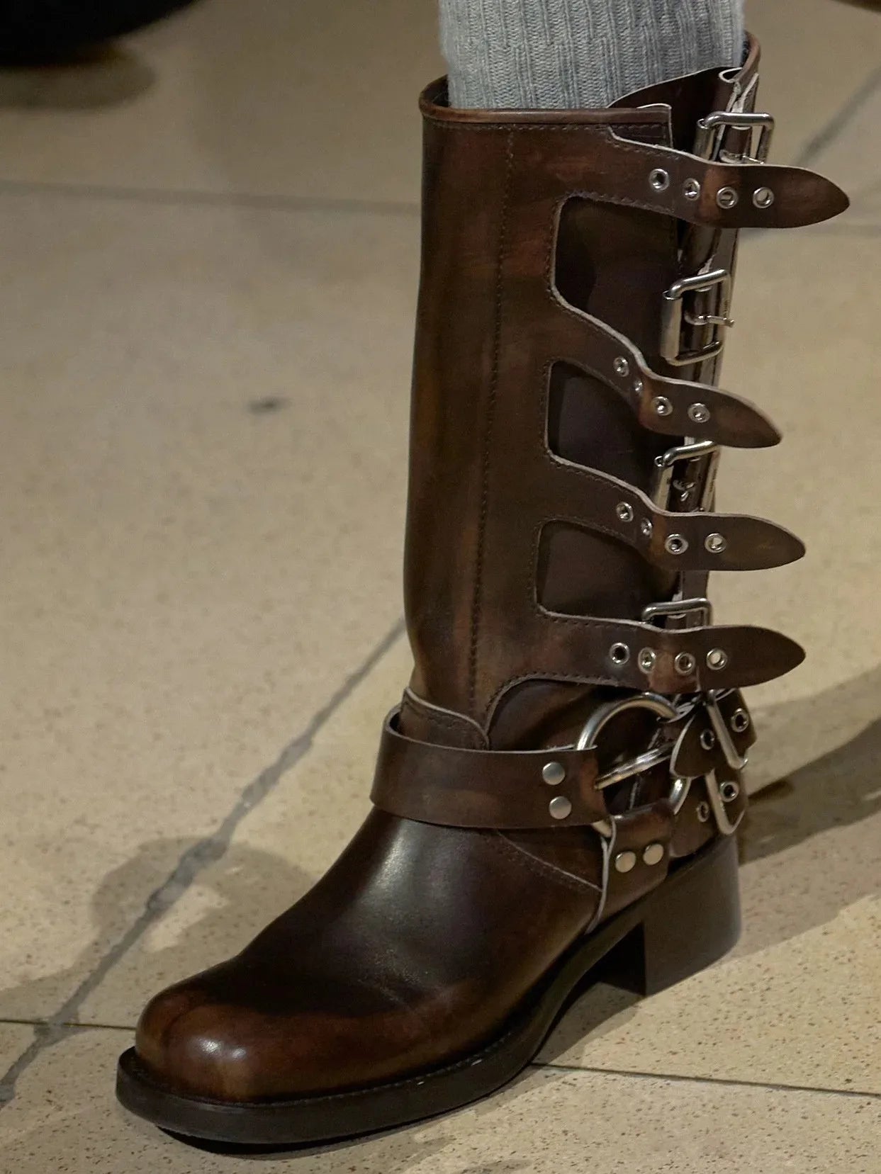 2025 Genuine Leather Platform Rivet Motorcycle boots Round toe Belt buckle Block heel mid wide calf Western boots