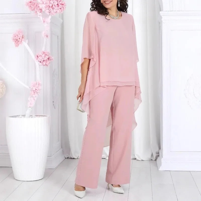 Elegant 2 Pieces Sets Woman's Chiffon Solid Mid-Sleeve Layered ruffled edges Long Top & Straight-leg Trousers Pants Sets Outfits