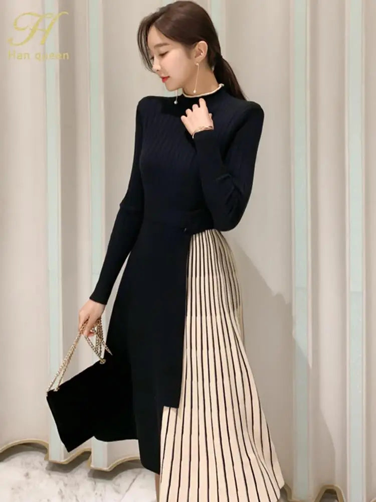H Han Queen New Winter Elastic Knitted Dresses Women Color matching Lace-up Sweater Dress Fashion Slim Work Office Vestidos - Kimlud