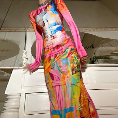 Punk Graffiti Print Bodycon Long Dress Women 2025 Autumn Stand Collar Long Sleeve Slim Fit Fish Tail Dress Party Club...