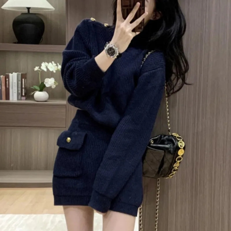 Navy Blue Dress Sets for Women Long Sleeve Tops Knitted Mini Skirts Pockets Fashion Autumn Winter High Street Ins Korean Style