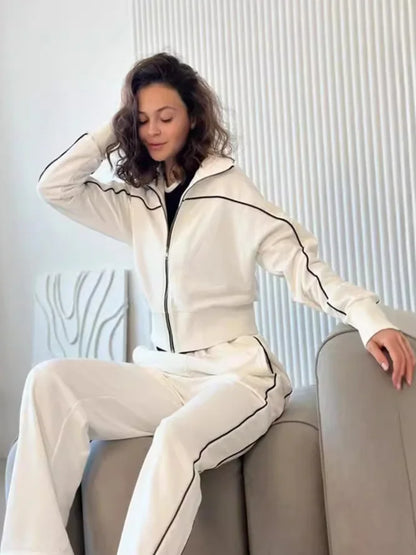 Women's Autumn Casual Long Sleeve Zipper Hoodie Jacket Striped Elastic Pants Set Fashionable Two-Piece Suit Comfortable Wear - Kimlud
