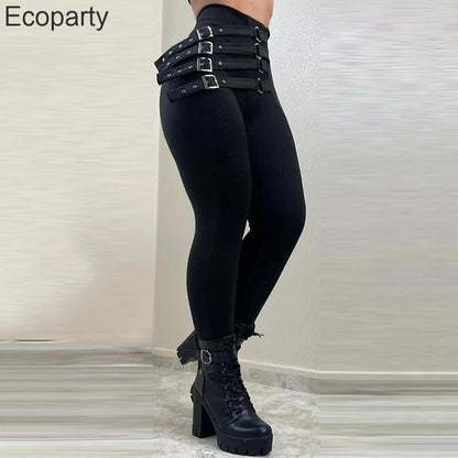 New Women's High Waist Pencil Pants Fashion Black Gothic Slim Leggings With Metal Buckle Y2k Vintage Trousers For Women