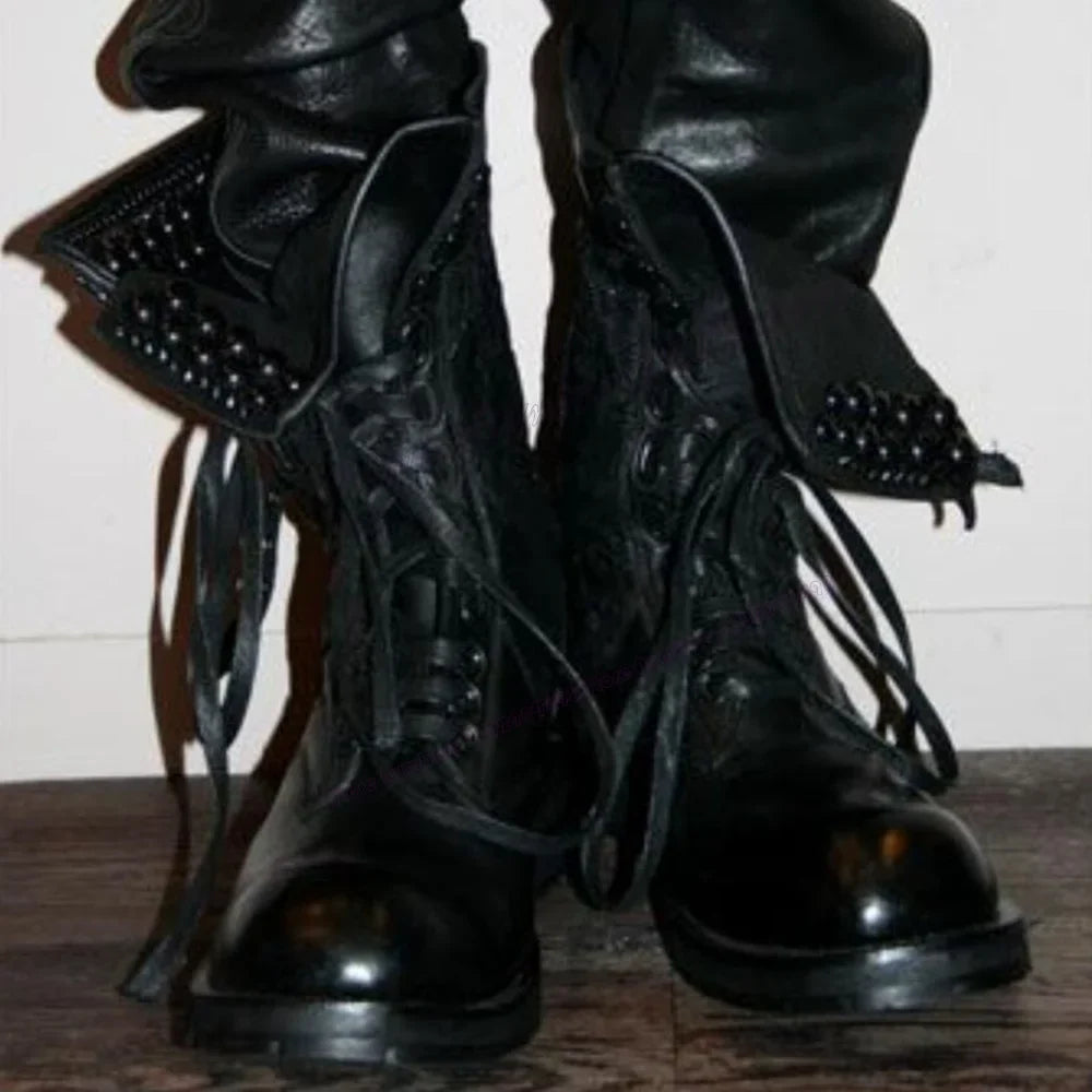 Black Lace Up Round Toe Boots for Men Vintage Matte Leather British Style Motorcycle Shoes Casual Runway New Style Men's Shoes