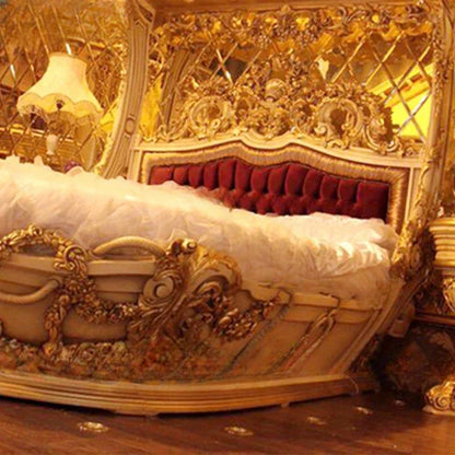 European-Style Wood Carved Double Bed Luxury Boat Style French Fabric Princess Villa Bedroom Furniture Bedroom Set Muebles - Kimlud