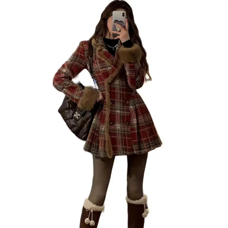 Women's Double Breasted Plaid Coat, Woolen Jacket , V-Neck, Loose Tops, Female Clothes, Sweet, New, Autumn, Winter |...