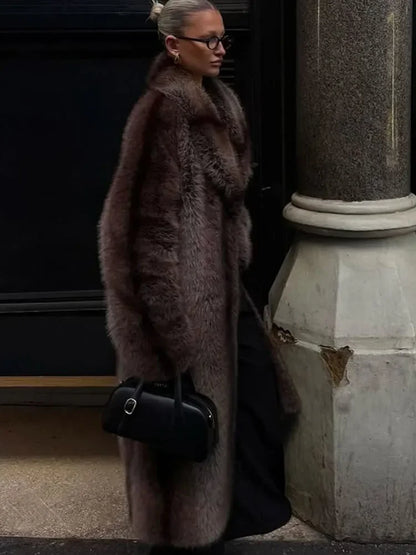 Women Luxury Brown Faux Fur Overcoat Casual Lapel Long Sleeve Fluffy Coat Winter Female Chic Thicken Warm High Street Outwear