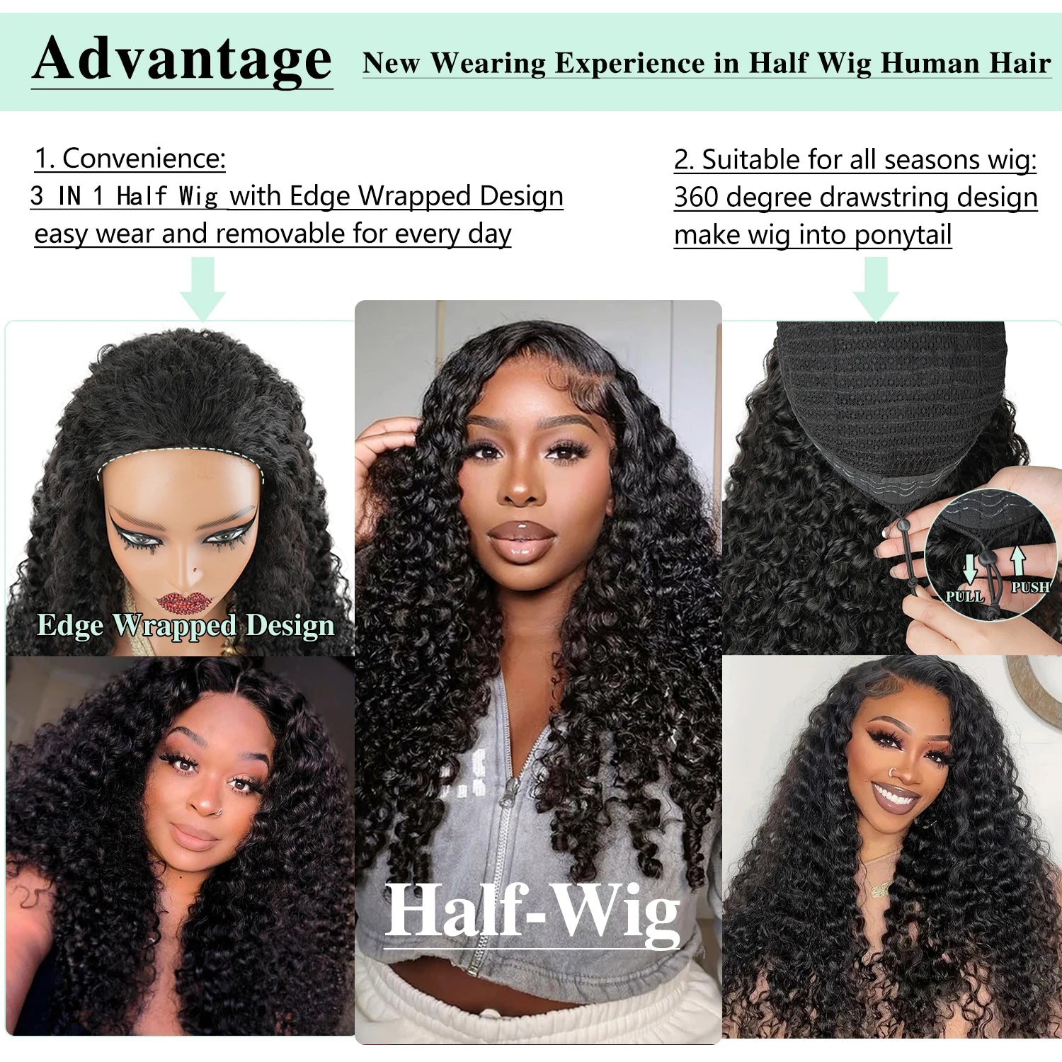 New Arrival 250 Density Burmese Curly Brazilian Kinky Curly Machine Half Wig Seamless Flip Over Headband 3 IN1...