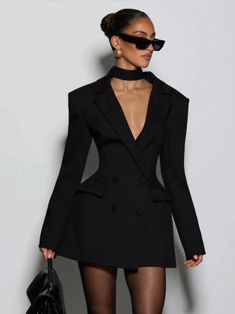 Solid Waist Cinching Blazer Dress Women Chic Long Sleeves Lapel V-neck Double Breasted Slim Short Dresses Lady Daily Street Gown
